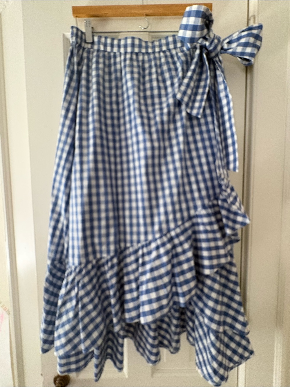 J. Crew Blue and White Gingham Asymmetrical Ruffle Wrap Skirt